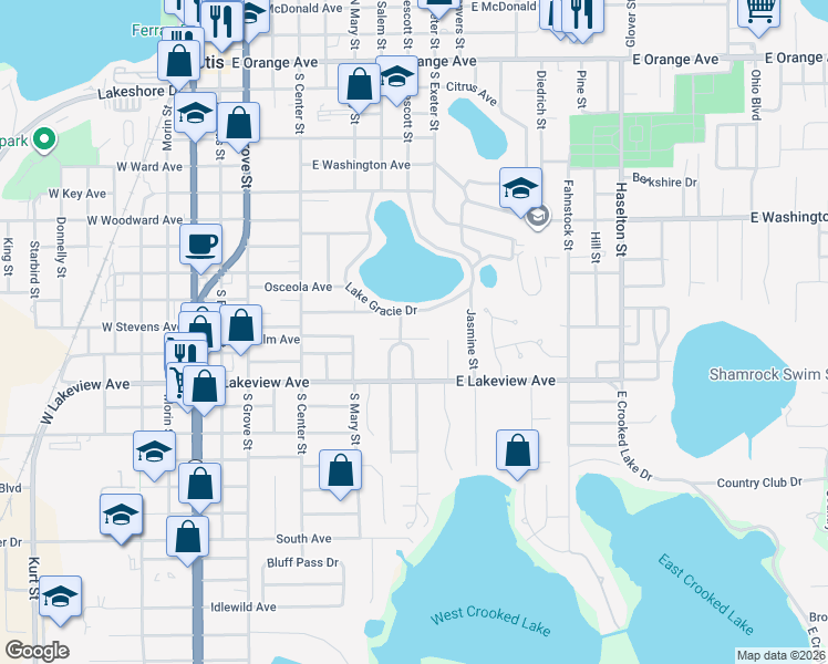 map of restaurants, bars, coffee shops, grocery stores, and more near 825 Poinsettia Drive in Eustis