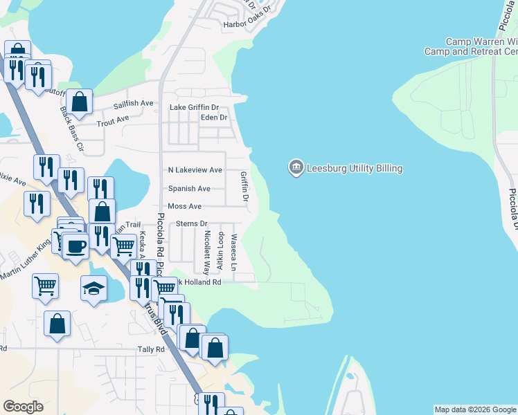 map of restaurants, bars, coffee shops, grocery stores, and more near 2314 Griffin Drive in Leesburg