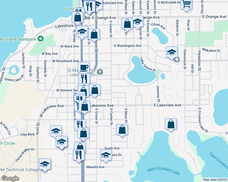 map of restaurants, bars, coffee shops, grocery stores, and more near 417 Palm Avenue in Eustis