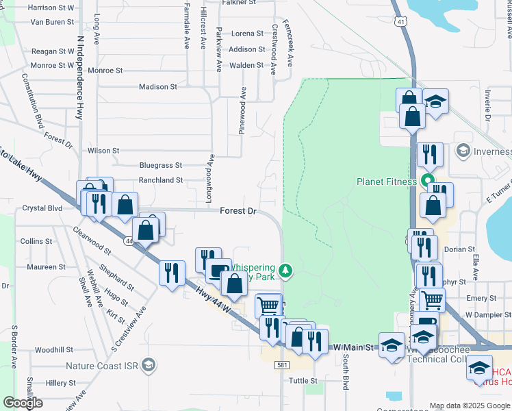 map of restaurants, bars, coffee shops, grocery stores, and more near 503 Whispering Pines Boulevard in Inverness