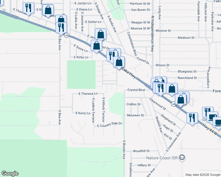 map of restaurants, bars, coffee shops, grocery stores, and more near 3800 East Crystal Lane in Inverness