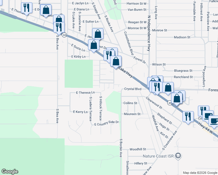 map of restaurants, bars, coffee shops, grocery stores, and more near 1294 South Pinellas Point in Inverness