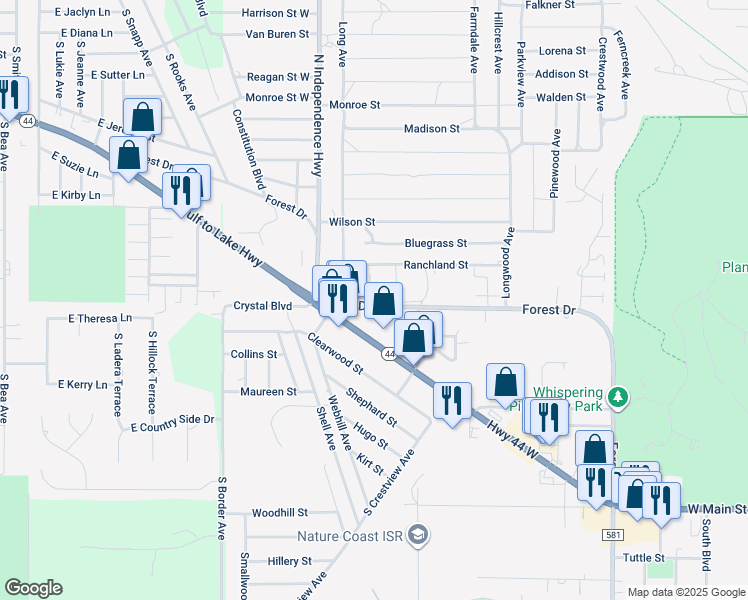 map of restaurants, bars, coffee shops, grocery stores, and more near 2517 Forest Drive in Inverness