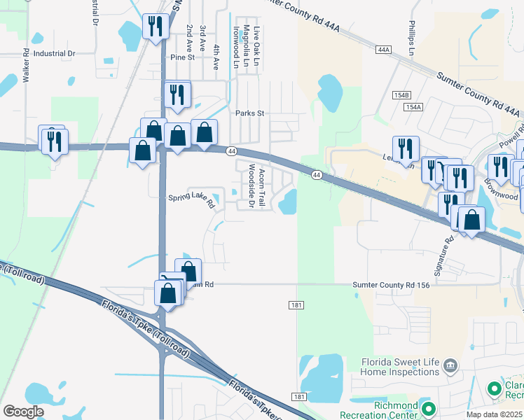 map of restaurants, bars, coffee shops, grocery stores, and more near 704 Spanish Moss Drive in Wildwood