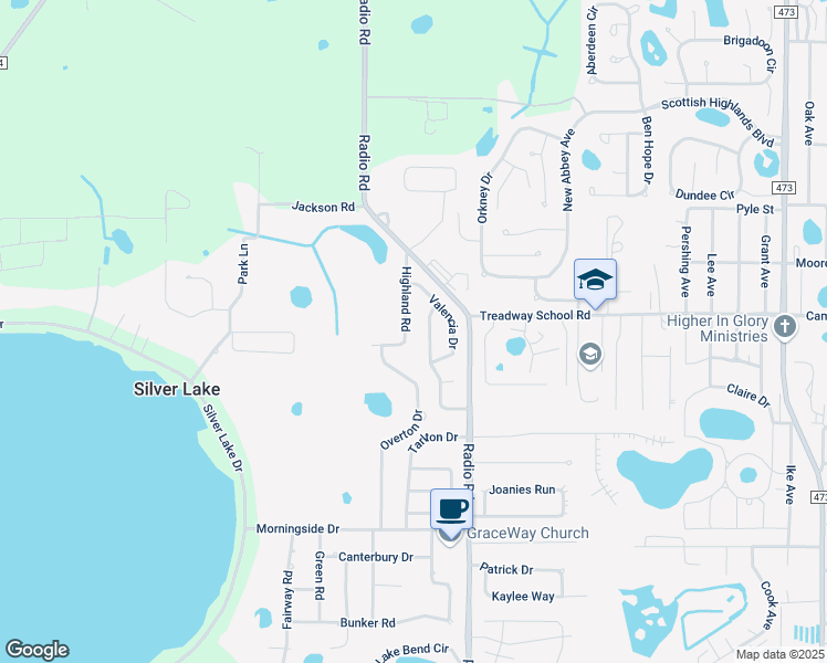 map of restaurants, bars, coffee shops, grocery stores, and more near 33936 Highland Road in Leesburg