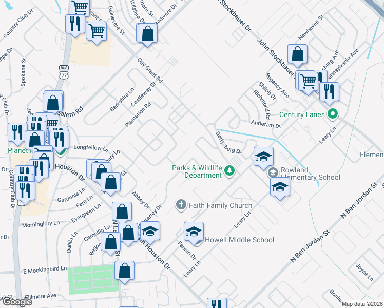 map of restaurants, bars, coffee shops, grocery stores, and more near 413 Monterrey Drive in Victoria