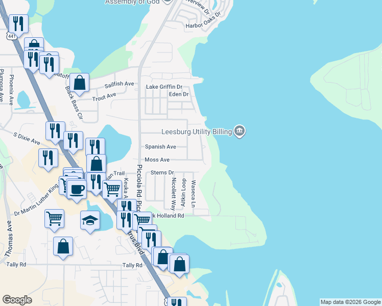 map of restaurants, bars, coffee shops, grocery stores, and more near 1403 Moss Avenue in Leesburg
