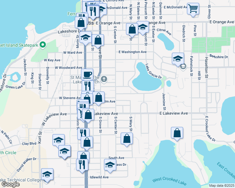 map of restaurants, bars, coffee shops, grocery stores, and more near 1001 South Center Street in Eustis