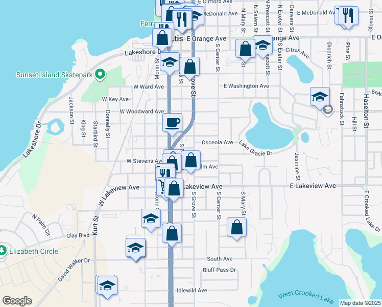 map of restaurants, bars, coffee shops, grocery stores, and more near 119 East Herrick Avenue in Eustis