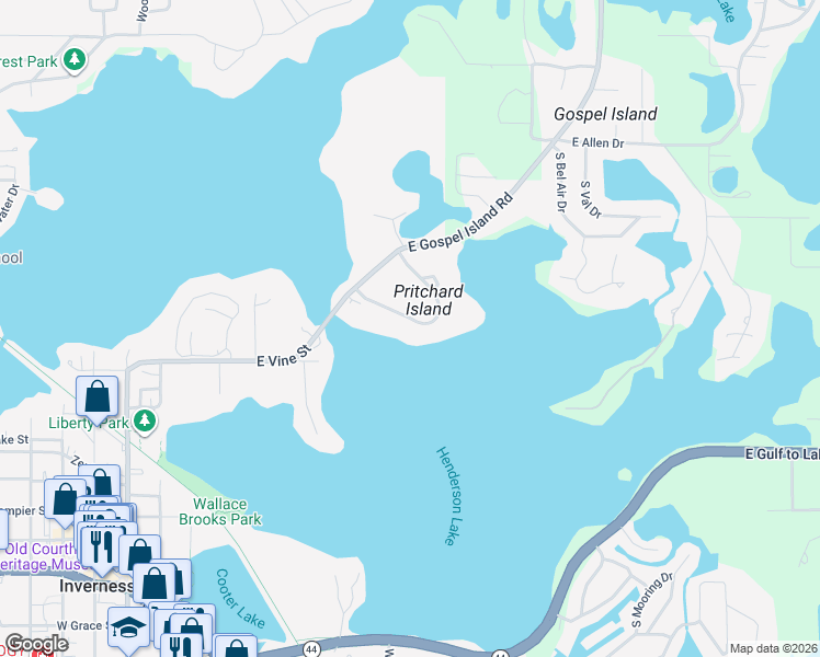 map of restaurants, bars, coffee shops, grocery stores, and more near 872 Pritchard Island Road in Inverness
