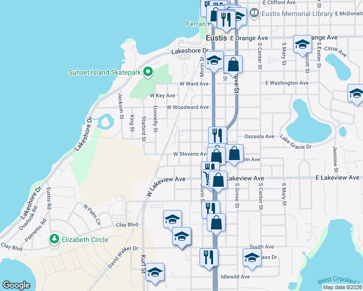 map of restaurants, bars, coffee shops, grocery stores, and more near 901 Smith Street in Eustis