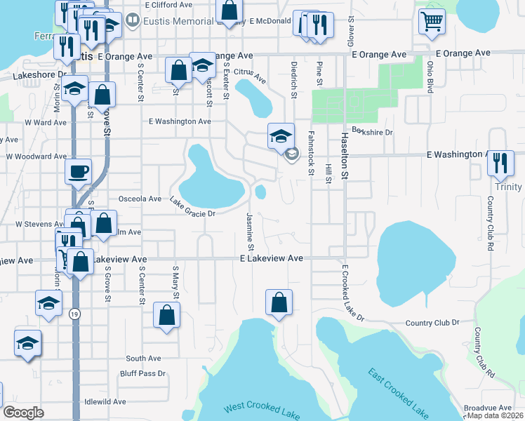 map of restaurants, bars, coffee shops, grocery stores, and more near 42 Dogwood Lane in Eustis