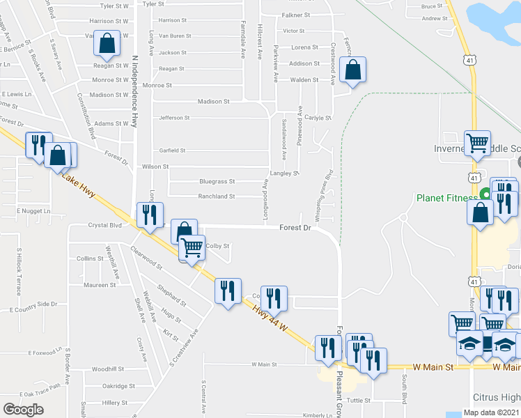 map of restaurants, bars, coffee shops, grocery stores, and more near 2052 Forest Drive in Inverness