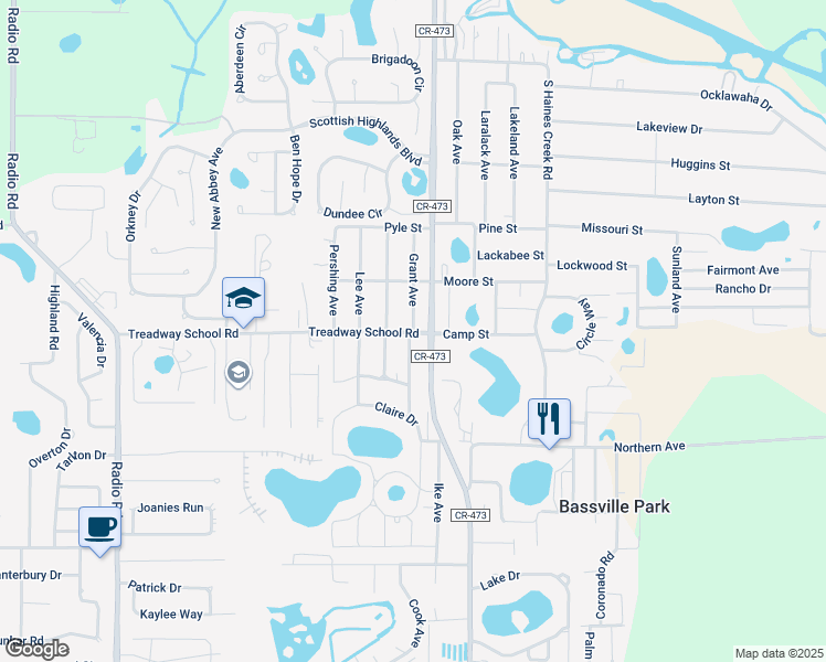 map of restaurants, bars, coffee shops, grocery stores, and more near 34086 Grant Avenue in Leesburg