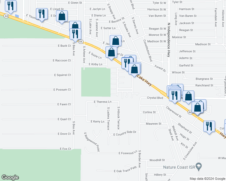 map of restaurants, bars, coffee shops, grocery stores, and more near 3666 East Ridgecrest Court in Inverness