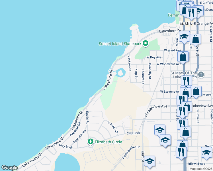 map of restaurants, bars, coffee shops, grocery stores, and more near 1111 Lakeshore Drive in Eustis