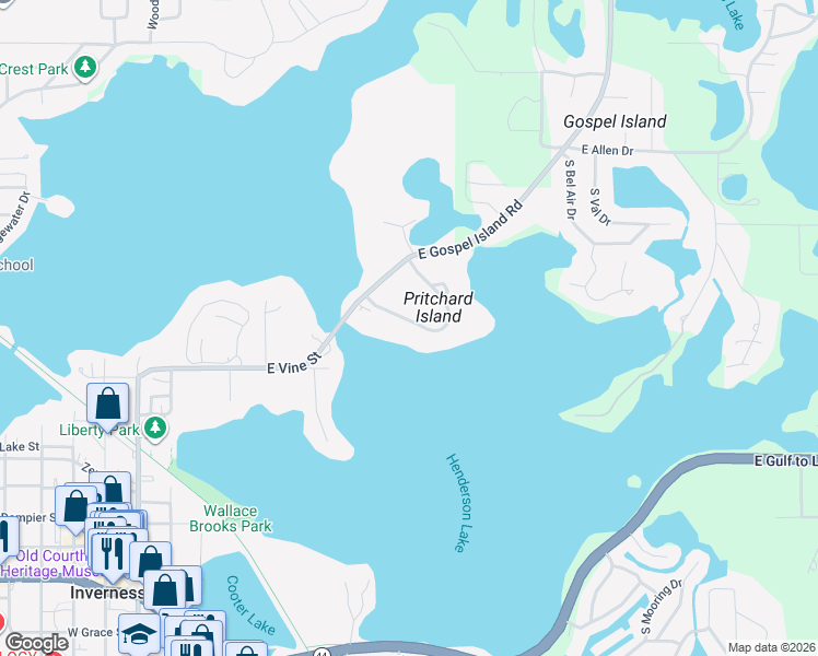 map of restaurants, bars, coffee shops, grocery stores, and more near 840 Pritchard Island Road in Inverness