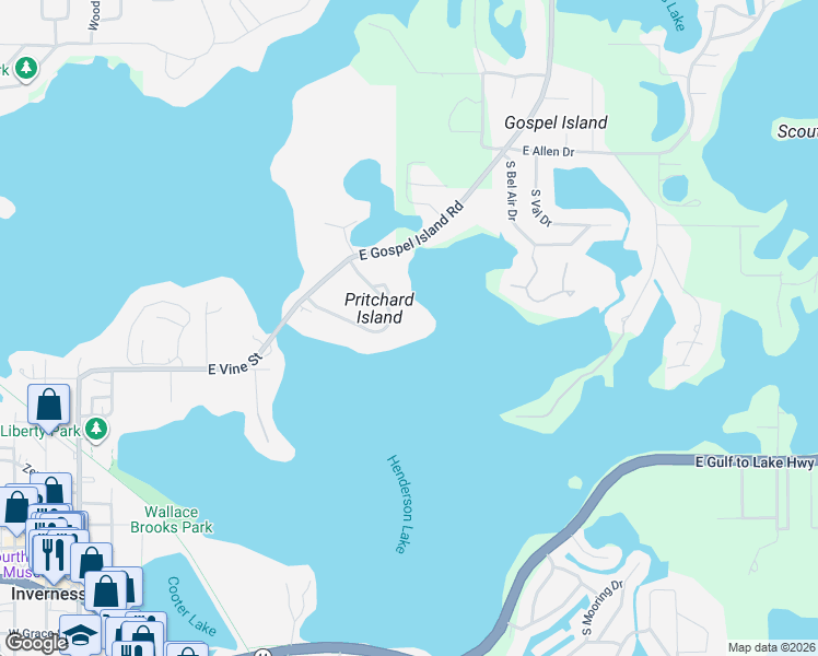 map of restaurants, bars, coffee shops, grocery stores, and more near 928 Pritchard Island Road in Inverness