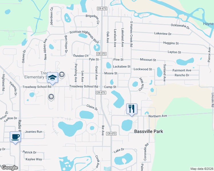 map of restaurants, bars, coffee shops, grocery stores, and more near 34030 Sunset Avenue in Leesburg