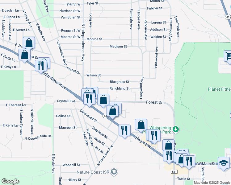 map of restaurants, bars, coffee shops, grocery stores, and more near 2400 Forest Drive in Inverness