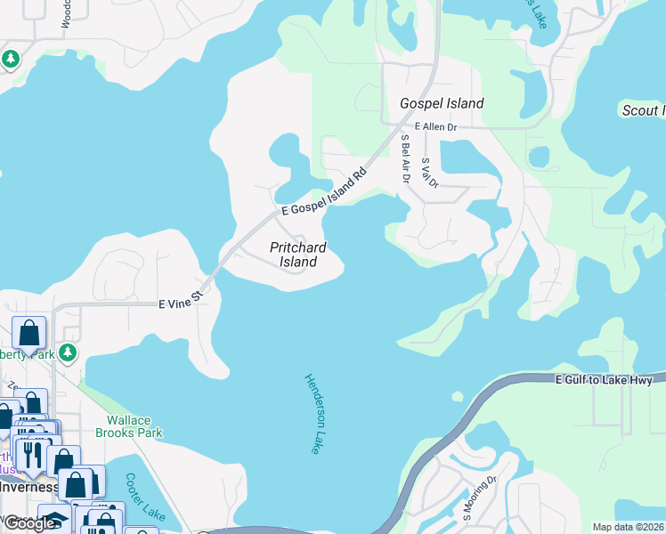 map of restaurants, bars, coffee shops, grocery stores, and more near 944 Pritchard Island Road in Inverness