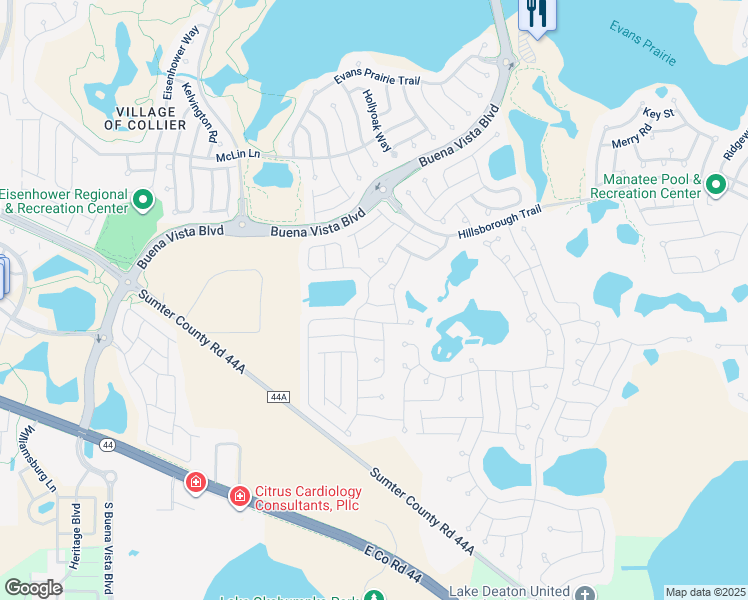 map of restaurants, bars, coffee shops, grocery stores, and more near 3649 Cosmos Way in The Villages