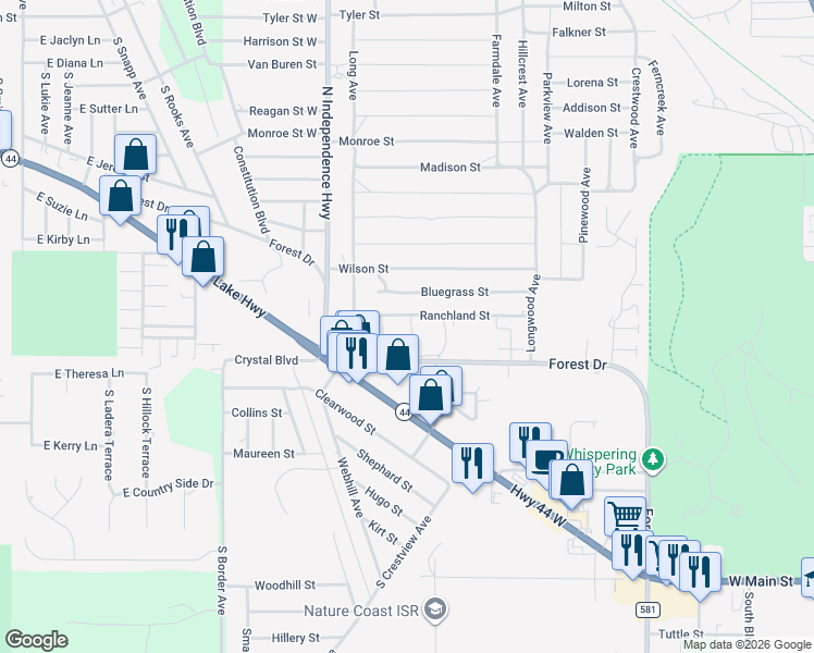 map of restaurants, bars, coffee shops, grocery stores, and more near 2400 Forest Drive in Inverness