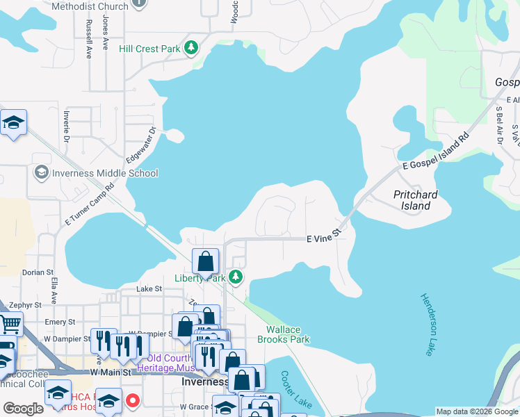 map of restaurants, bars, coffee shops, grocery stores, and more near 564 San Remo Circle in Inverness