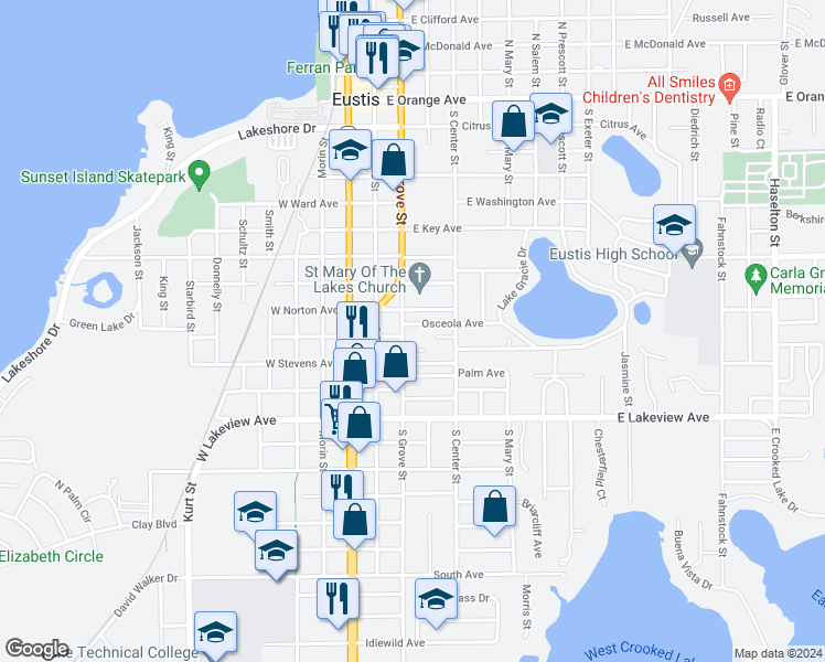 map of restaurants, bars, coffee shops, grocery stores, and more near 206 Osceola Avenue in Eustis