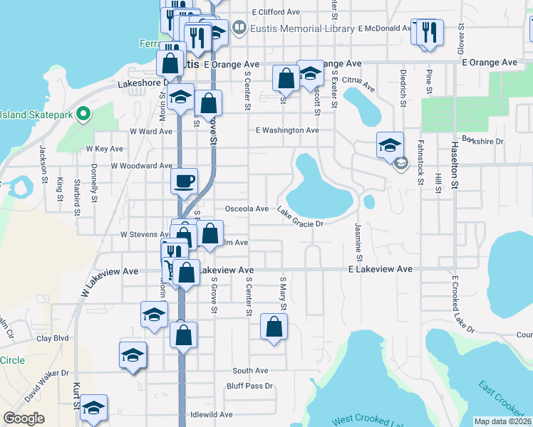 map of restaurants, bars, coffee shops, grocery stores, and more near 420 Osceola Avenue in Eustis