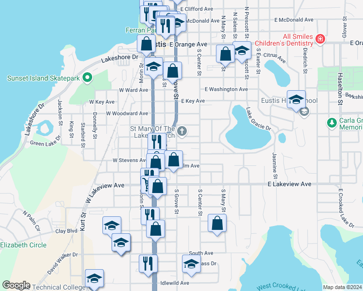 map of restaurants, bars, coffee shops, grocery stores, and more near 300 Osceola Avenue in Eustis