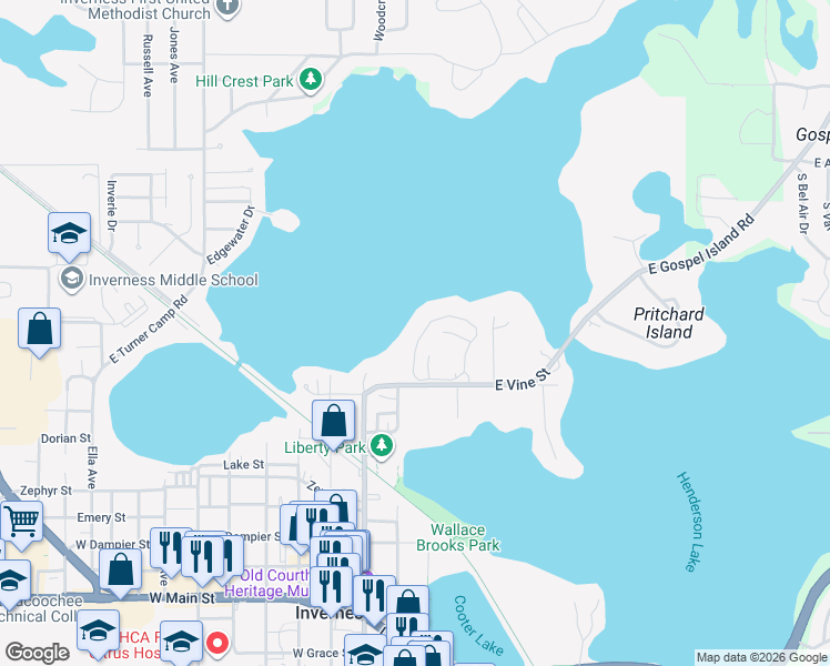 map of restaurants, bars, coffee shops, grocery stores, and more near 564 San Remo Circle in Inverness