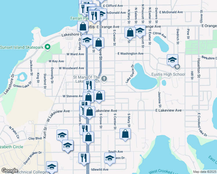 map of restaurants, bars, coffee shops, grocery stores, and more near 300 Osceola Avenue in Eustis