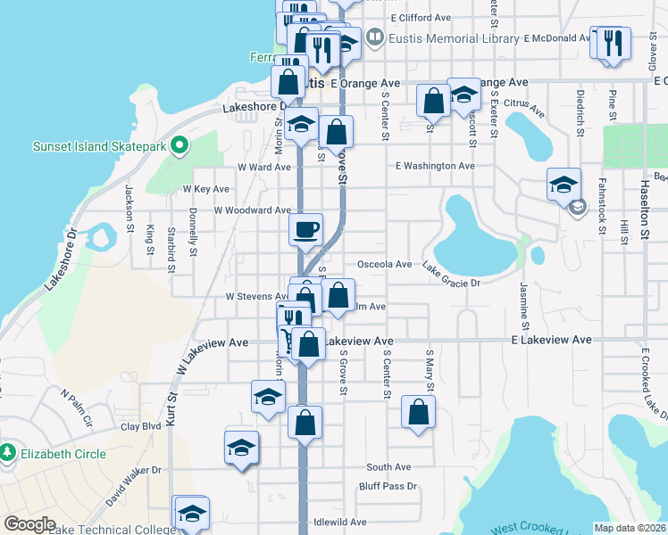 map of restaurants, bars, coffee shops, grocery stores, and more near 119 East Herrick Avenue in Eustis