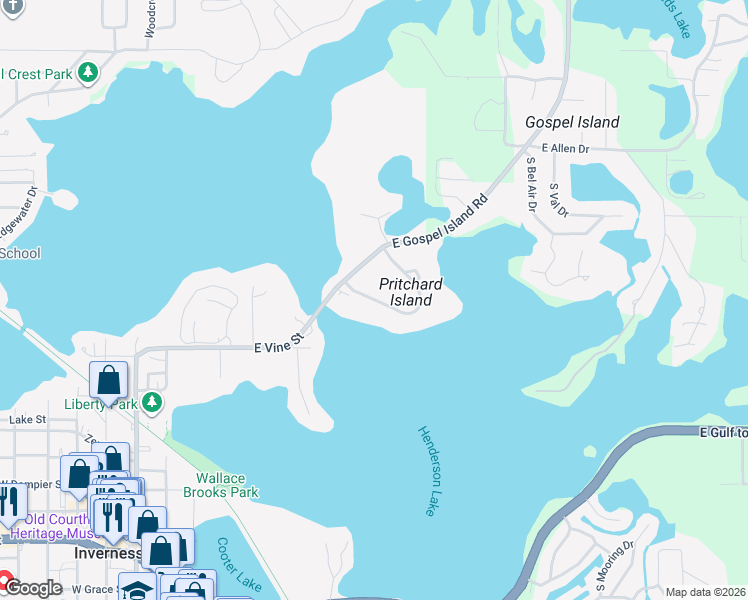 map of restaurants, bars, coffee shops, grocery stores, and more near 840 Pritchard Island Road in Inverness
