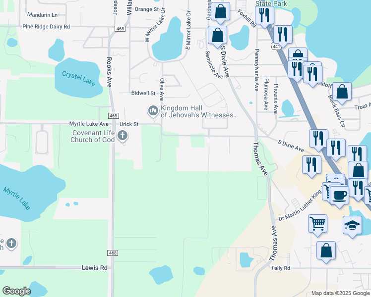 map of restaurants, bars, coffee shops, grocery stores, and more near 303 Urick Street in Fruitland Park