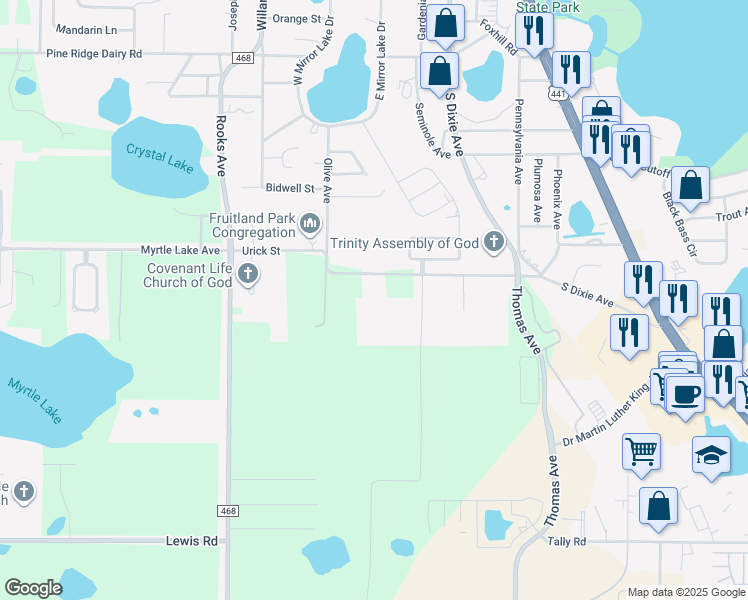 map of restaurants, bars, coffee shops, grocery stores, and more near 303 Urick Street in Fruitland Park