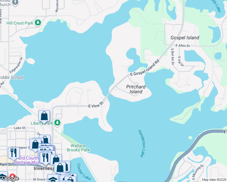 map of restaurants, bars, coffee shops, grocery stores, and more near 802 Pritchard Island Road in Inverness