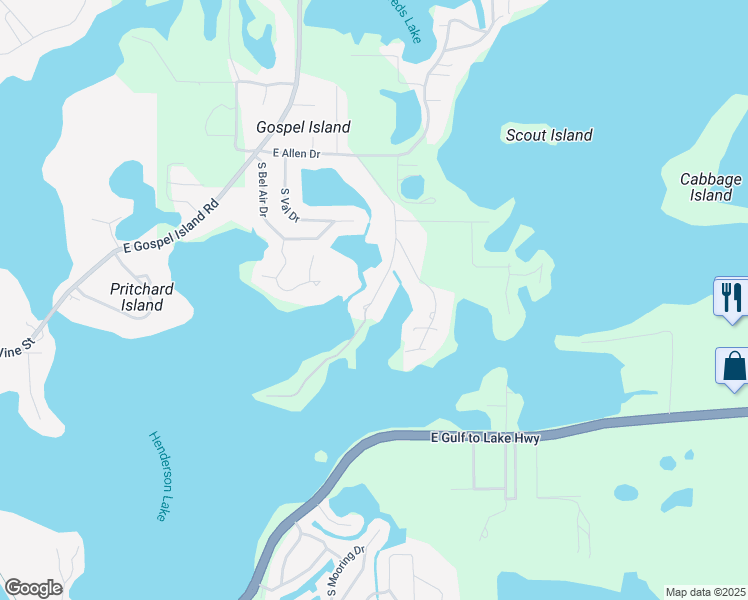 map of restaurants, bars, coffee shops, grocery stores, and more near 1126 South Waterview Drive in Inverness
