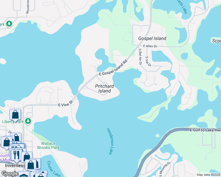 map of restaurants, bars, coffee shops, grocery stores, and more near 944 Pritchard Island Road in Inverness