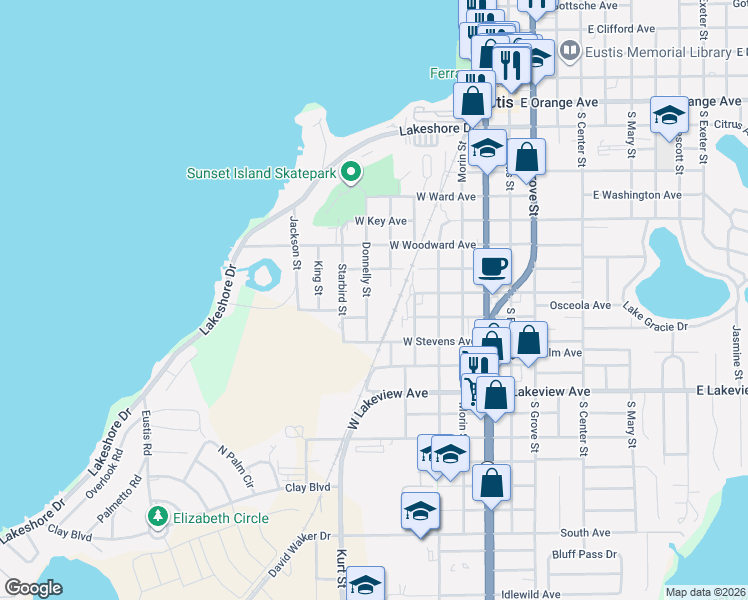 map of restaurants, bars, coffee shops, grocery stores, and more near 805 Donnelly Street in Eustis