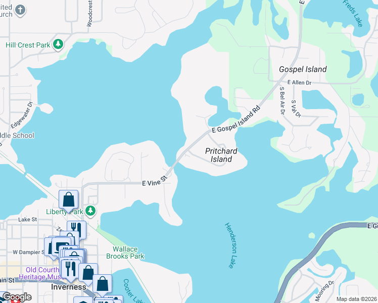 map of restaurants, bars, coffee shops, grocery stores, and more near 802 Pritchard Island Road in Inverness