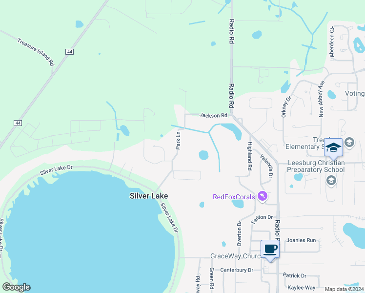 map of restaurants, bars, coffee shops, grocery stores, and more near 34044 Park Lane in Leesburg