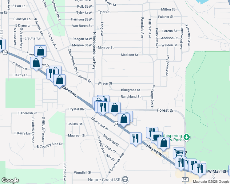 map of restaurants, bars, coffee shops, grocery stores, and more near 2507 Bluegrass Street in Inverness