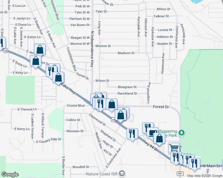 map of restaurants, bars, coffee shops, grocery stores, and more near 2507 Bluegrass Street in Inverness