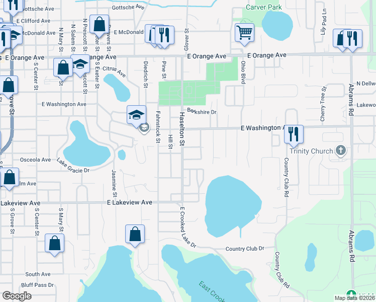 map of restaurants, bars, coffee shops, grocery stores, and more near 717 Haselton Street in Eustis
