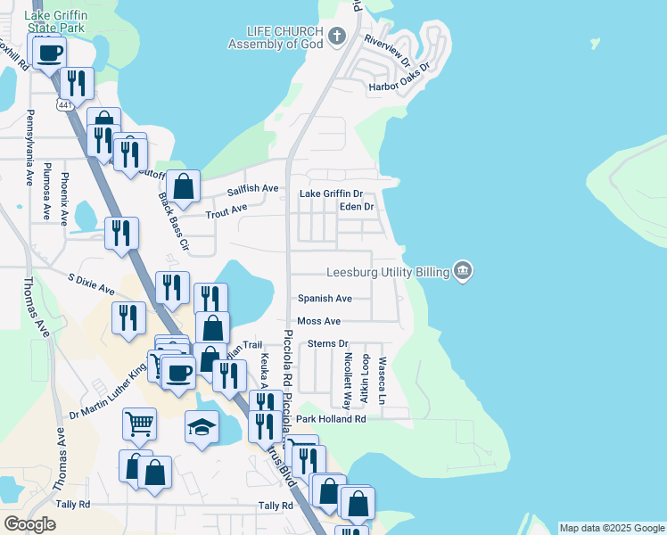 map of restaurants, bars, coffee shops, grocery stores, and more near 1515 Grove Avenue in Leesburg