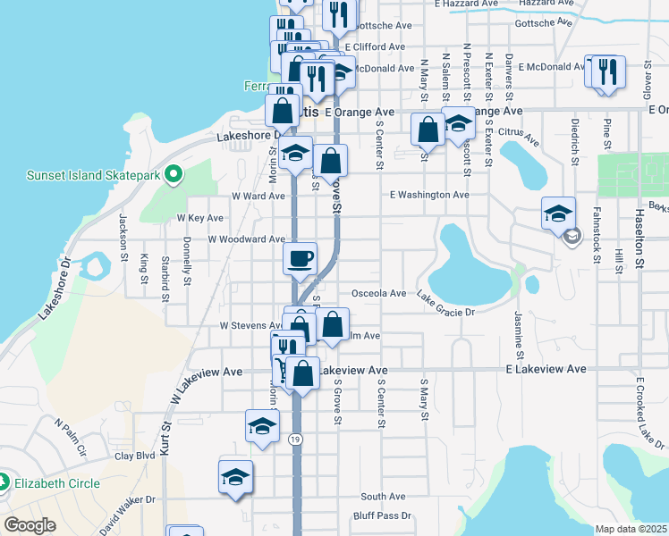 map of restaurants, bars, coffee shops, grocery stores, and more near 702 South Grove Street in Eustis