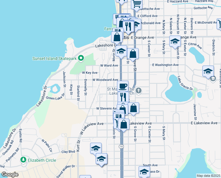 map of restaurants, bars, coffee shops, grocery stores, and more near 100 West Badger Avenue in Eustis