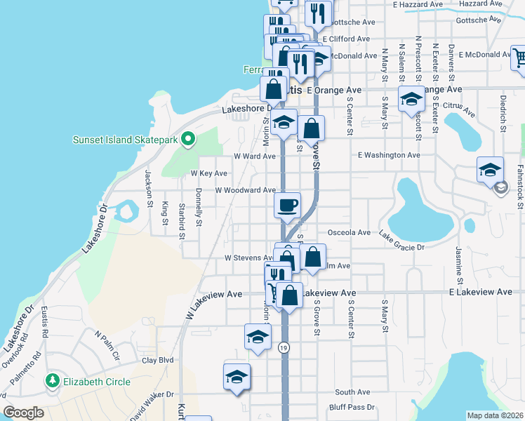 map of restaurants, bars, coffee shops, grocery stores, and more near 109 West Badger Avenue in Eustis